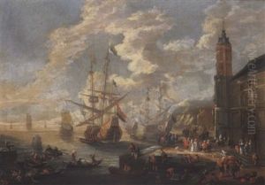 Ein Sudlicher Seehafen Mit Ankernden Fregatten, Vielen Booten Und Figuren by Jan-Baptiste van der Meiren