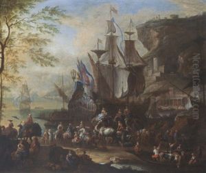 A Mediterranean Harbour Scene With Figures Unloading Merchantmen, Together With Horsemen, An Elephant, Dromedaries And A Ferry In The Foreground, A View Of A Town In The Background by Jan-Baptiste van der Meiren