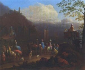 Eine Elegante Gesellschaft Von Reisenden Bei Einem Hafen by Jan-Baptiste van der Meiren