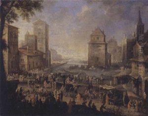 Harbor Scene With Merchants And Elegant Figures At A Market