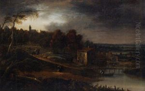 A River Landscape With Travellers Near A Town by Jan-Baptiste van der Meiren
