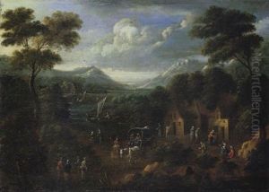 Weite Flusslandschaft Mit Reicher Figurenstaffage by Jan-Baptiste van der Meiren