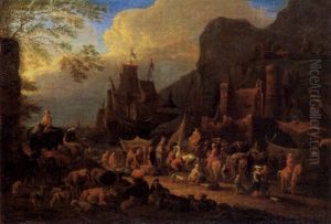 Sudlicher Hafen Mit Schiffen Und Vielen Figuren Vor Einem Schlos by Jan-Baptiste van der Meiren