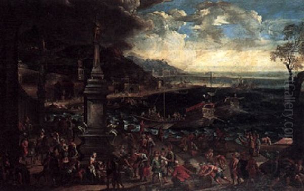 A Capriccio Of A Mediterranean Port Scene With Ships In The Harbour And Figures Gathered On The Shore by Jan-Baptiste van der Meiren