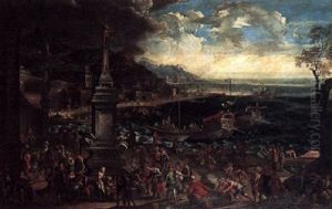 A Capriccio Of A Mediterranean Port Scene With Ships In The Harbour And Figures Gathered On The Shore by Jan-Baptiste van der Meiren