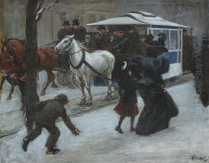 Winterliche Strasenszene Mit Pferdetram by August Von Meissl