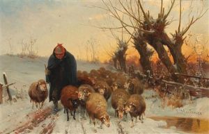 Flock Of Sheep Returning Home In The Evening Light by Adolf Ernst Meissner
