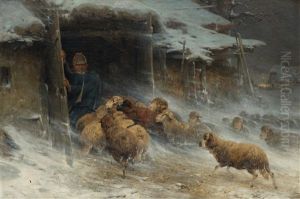 Shepherd Protects His Herd From The Snow Storm by Adolf Ernst Meissner