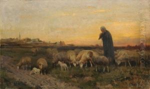 Schafer Mit Herde Im Abendlicht by Adolf Ernst Meissner