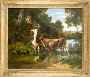Grose Landschaft Mit Kuhen Im Wasser, Beobachtet Von Zwei Kindern Grose Landschaft Mit Kuhen Im Wasser, Beobachtet Von Zwei Kindern