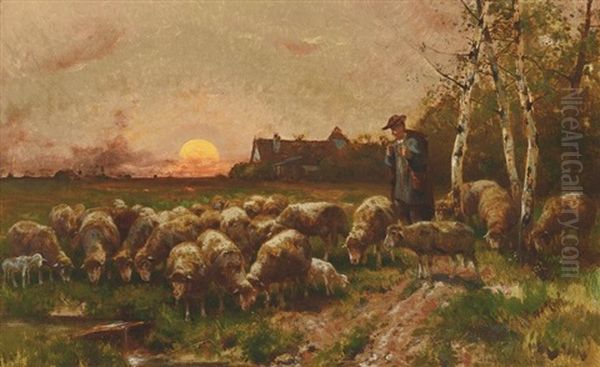 Schafer Mit Seiner Herde In Abendlicher Bachlandschaft - view 1