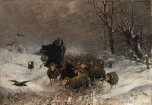 Schafer Mit Seiner Herde Im Schneesturm by Adolf Ernst Meissner