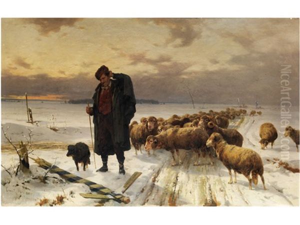 Schafer Mit Herde In Winterlandschaft - view 1