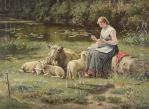 Young Woman With Sheep, A Pastoral Landscape With A Woman Embroidering A Piece Of Cloth With Sheep Looking On And A Pond In The Background by Adolf Ernst Meissner