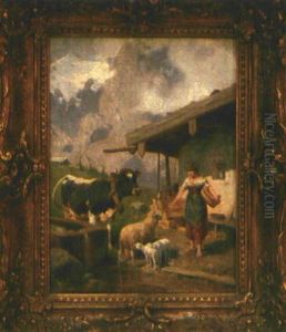 Sennerin Mit Vieh Vor Der Almhutte Am Brunnentrog by Adolf Ernst Meissner