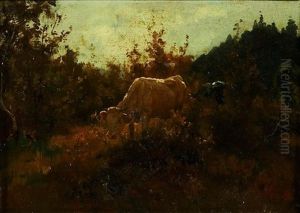 Weidende Kuh Am Waldrand by Adolf Ernst Meissner