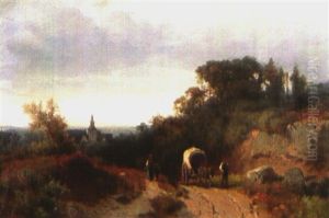 Landschaft Mit Pferdefuhrwerk Und Bauernfamilie, Im Hintergrund Ein Dorf