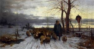 Hirte Mit Seiner Herde Am Heimweg by Adolf Ernst Meissner