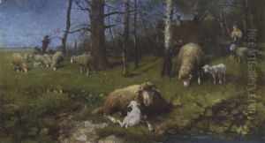 Schafe Und Lammer Auf Der Weide by Adolf Ernst Meissner