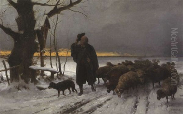 Schafer Mit Seiner Herde In Winterlicher Landschaft - view 1