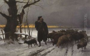 Schafer Mit Seiner Herde In Winterlicher Landschaft