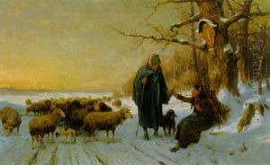 Schafer Mit Seiner Herde In Winterlandschaft, Einer Alten Reisigsammlerin Eine Flasche Reichend