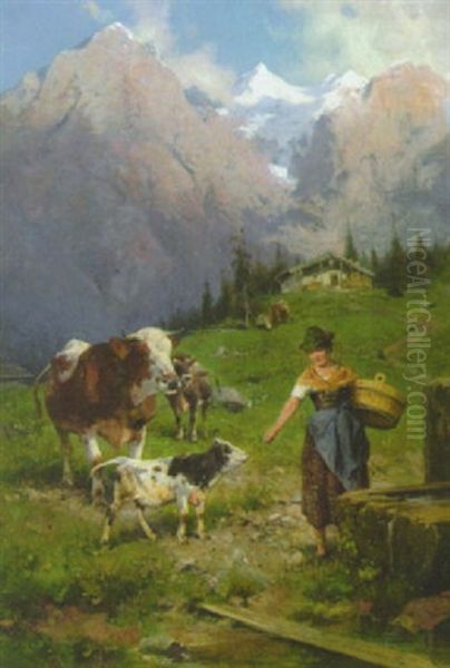 Sennerin Mit Vieh Am Brunnentrog Auf Der Alm - view 1