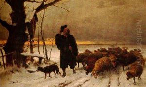 The Return Of The Flock, Sunset by Adolf Ernst Meissner