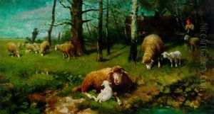 Sheep With Their Lambs Resting By A River by Adolf Ernst Meissner
