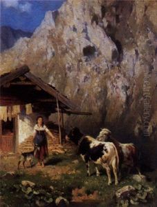 Auf Der Alm Steht Die Sennerin Mit Ihrer Ziege Und Kalbern Vor Der Hutte