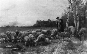 Ein Schafer Mit Seiner Herde Bei Der Tranke by Adolf Ernst Meissner
