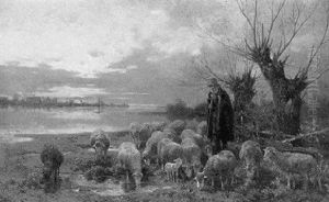 Ein Hirte Wacht Bei Seiner Schafherde by Adolf Ernst Meissner
