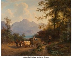 Mountain Landscape With Hay Wagon And Farmers Mountain Landscape With Hay Wagon And Farmers