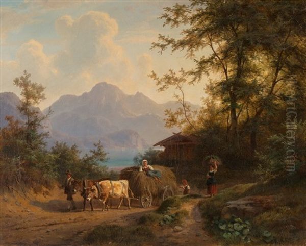 Mountain Landscape With Hay Wagon And Farmers - view 1