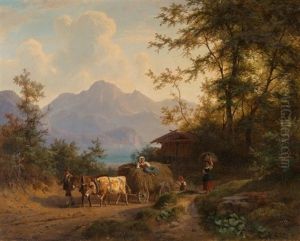 Mountain Landscape With Hay Wagon And Farmers