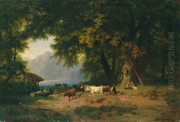 Hirten Mit Vieh Am Ufer Eines Gebirgssees - view 1