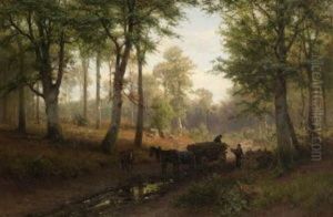 Waldlandschaft Mit Holzarbeitern Und Pferdeuhrwerk Waldlandschaft Mit Holzarbeitern Und Pferdeuhrwerk