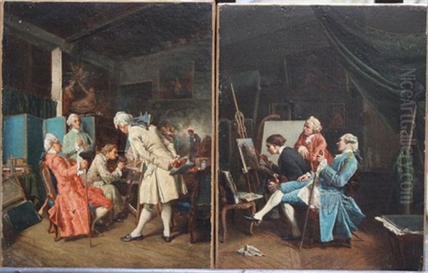 Pair Of Paintings Showing Artists And Their Collectors - view 1