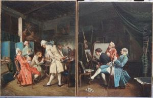 Pair Of Paintings Showing Artists And Their Collectors by Jean-Louis-Ernest Meissonier