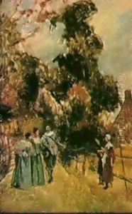 Three Figures Visiting A Country Estate by Jean-Louis-Ernest Meissonier