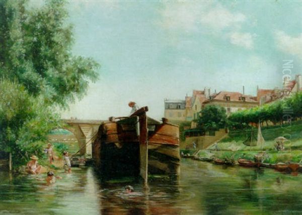 Bathers On The Riverbanks By A Town - view 1