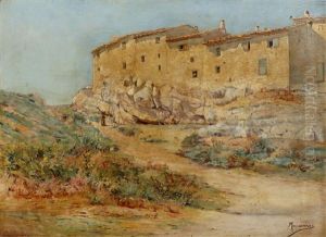 View Of Stone Buildings On A Rocky Hillside by Joseph (Francois Xavier) Meissonnier