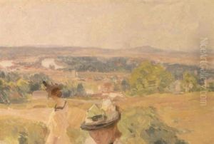 Sommerdag I Landskab Med To Unge Kvinder by Charles De Meixmoron De Dombasle
