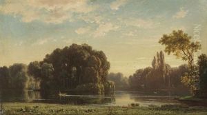 Der Englische Garten In Munchen: Blick Uber Den Kleinhesseloher See Auf Das Denkmal Des Gartenarchitekten Friedrich Ludwig Von Sckell