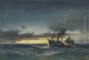 Zwei Dampfschiffe Auf Sturmischer See Bei Sonnenaufgang by Daniel Hermann Anton Melbye
