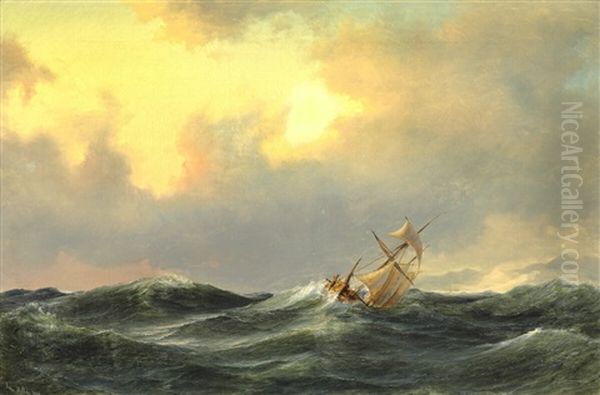 Sea Scape With Sailing Ship In High Sea At Evening Time - view 1