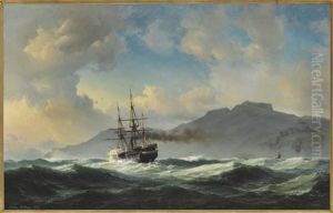 Seascape With Steam Frigate Off A Rocky Coast by Daniel Hermann Anton Melbye
