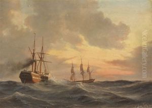 Dampfsegler Und Dreimaster Auf Bewegter See by Daniel Hermann Anton Melbye