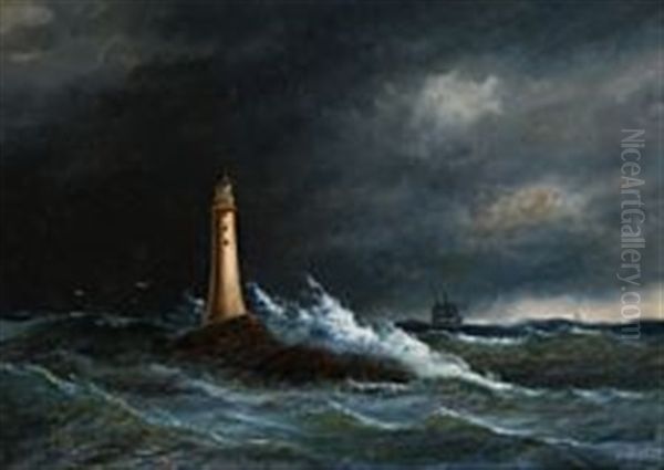 A Storm At Eddystone Lighthouse by Daniel Hermann Anton Melbye