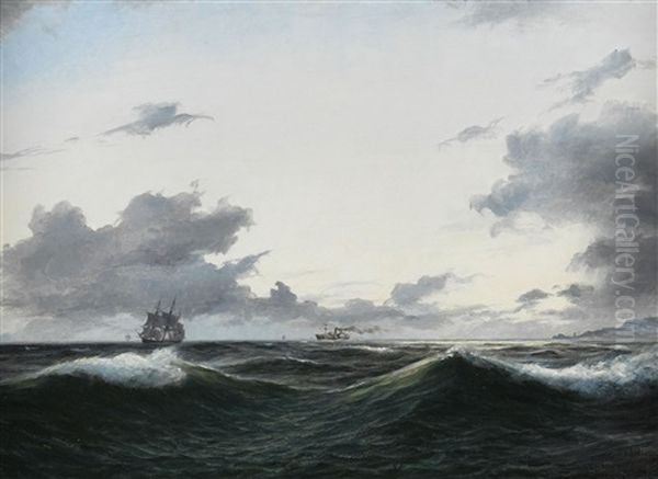 Segelschiff Und Besegelter Dampfer Auf See Vor Einer Kuste - view 1